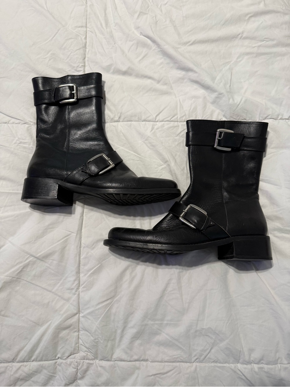 Vintage Nickles Black leather ankle moto boots with buckle detail